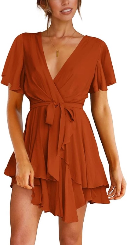 Photo 1 of *GREEN NOT ORANGE* LYANER Women's Deep V Neck Short Sleeve Ruffle Layer Wrap Tie Waist Swing Mini Dress XL