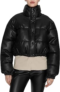 Photo 3 of Flygo Women's Faux Leather Puffer Jacket Zip up Padded Winter Bubble Coat Down Jacket