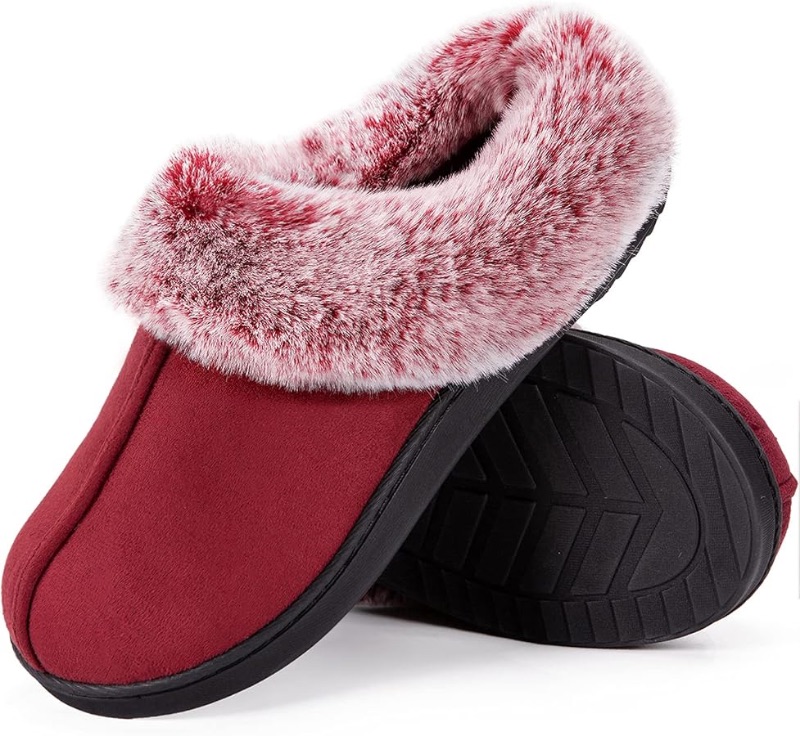 Photo 1 of Women's Classic Microsuede Memory Foam Slippers Durable Rubber Sole with Warm Faux Fur Collar