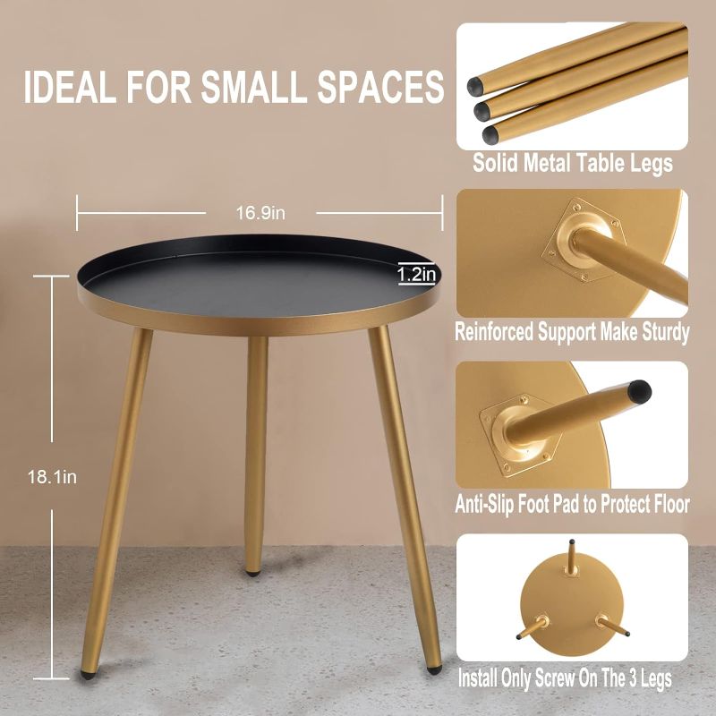 Photo 4 of (READ FULL POST) AOJEZOR End Table,Round End Table Ideal for Any Room-Side Tables Living Room,Side Tables Bedroom,Metal Structure Side Table Great for Indoor & Outdoor,Matte Gray Tray with 3 Gold Legs Accent Table Grey/Gold