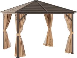 Photo 1 of ***BOX 1 OF 2 ONLY*** 10 ft. x 10 ft. Outdoor Hardtop Patio Gazebo Steel Canopy with Aluminum Frame, Curtains, and Top Hook, Dark Brown
