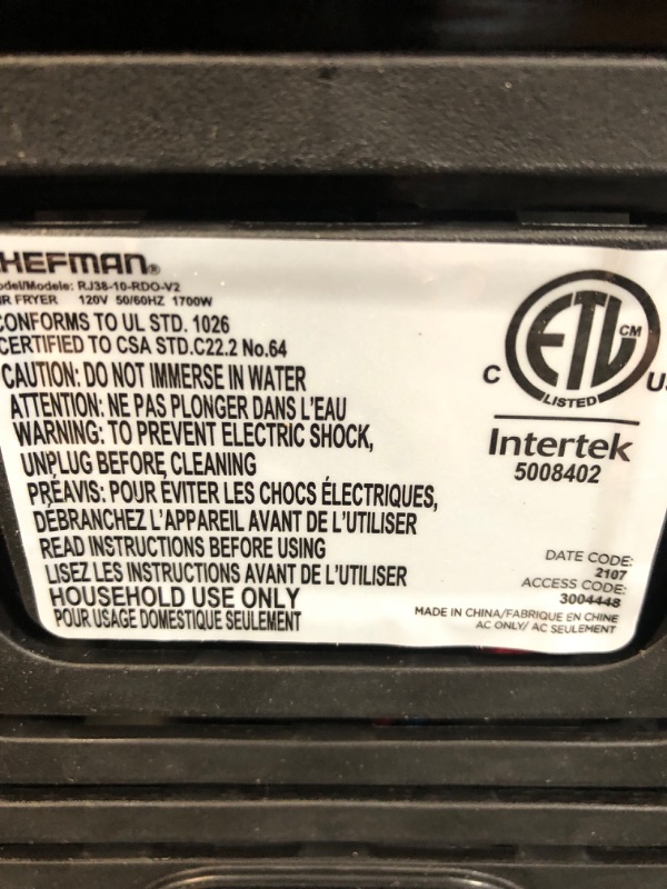 Photo 7 of ***READ NOTES***
Chefman Air Fryer Oven - 12-Quart 6-in-1 Rotisserie Oven and Dehydrator, 12 Presets with Digital Timer and Touchscreen, Family Size XL Airfryer 