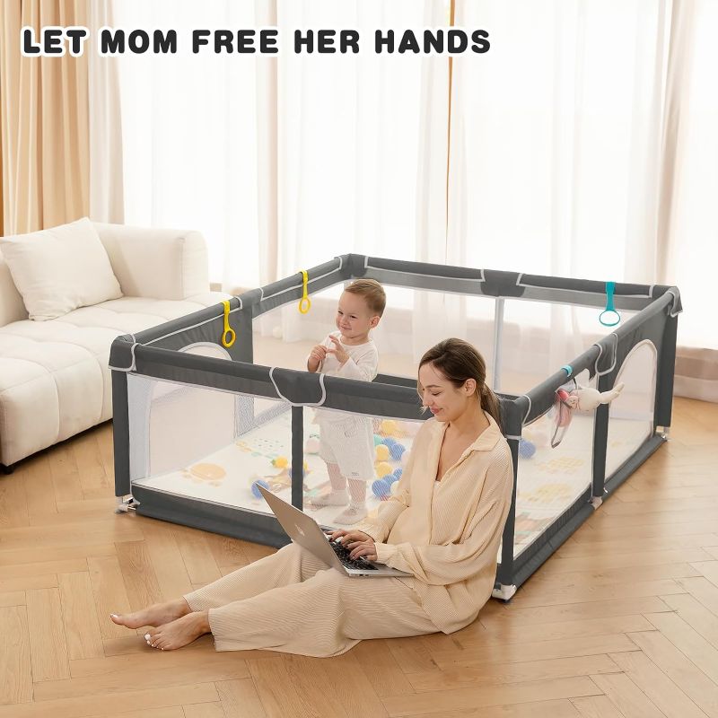 Photo 3 of (READ FULL POST) dearlomum Baby Playpen,71"x59" Extra Large Baby Playard, Playpen for Babies with Gate, 0-6 to 12 Months Baby Activity Center, Sturdy Safety Playpen with Soft Mesh,Playpen for Toddlers(Gray)
