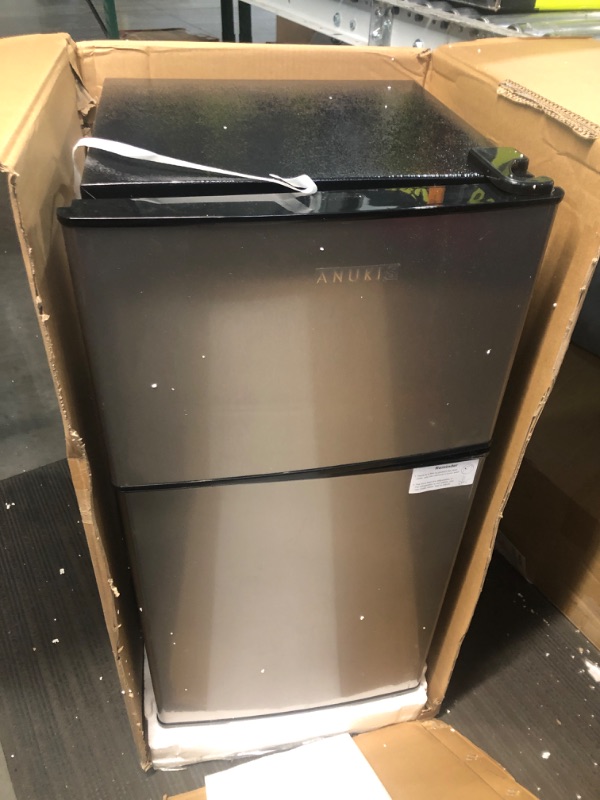Photo 2 of (DAMAGED) Anukis Compact Refrigerator 3.5 Cu Ft 2 Door Mini Fridge with Freezer For Apartment, Dorm, Office, Family, Basement, Garage, Silver 3.5 Cu Ft silver