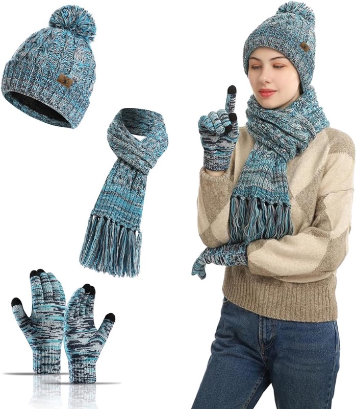 Photo 1 of 3 in 1 Winter Beanie Hat Neck Warm Scarf and Touch Screen Gloves