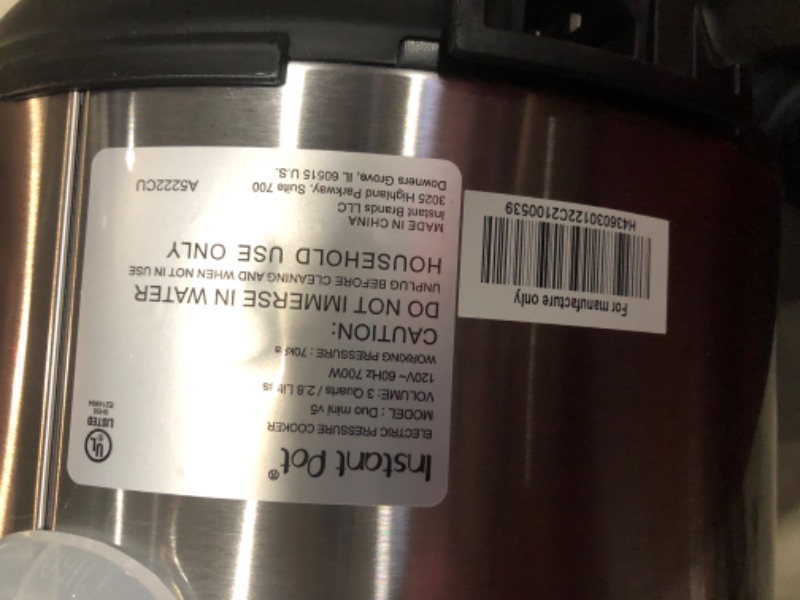 Photo 7 of ***USED - POWERS ON - UNABLE TO TEST FURTHER***
Instant Pot Duo 7-in-1 Electric Pressure Cooker, Stainless Steel, 3 Quart