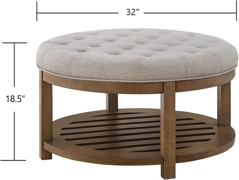 Photo 3 of (READ FULL POST) 24KF Large Round Upholstered Tufted Linen Ottoman Coffee Table, Large Footrest Ottoman with Wood Shelf Storage-Iinen Round Ottoman with Shelf Linen Ottoman With Shelf