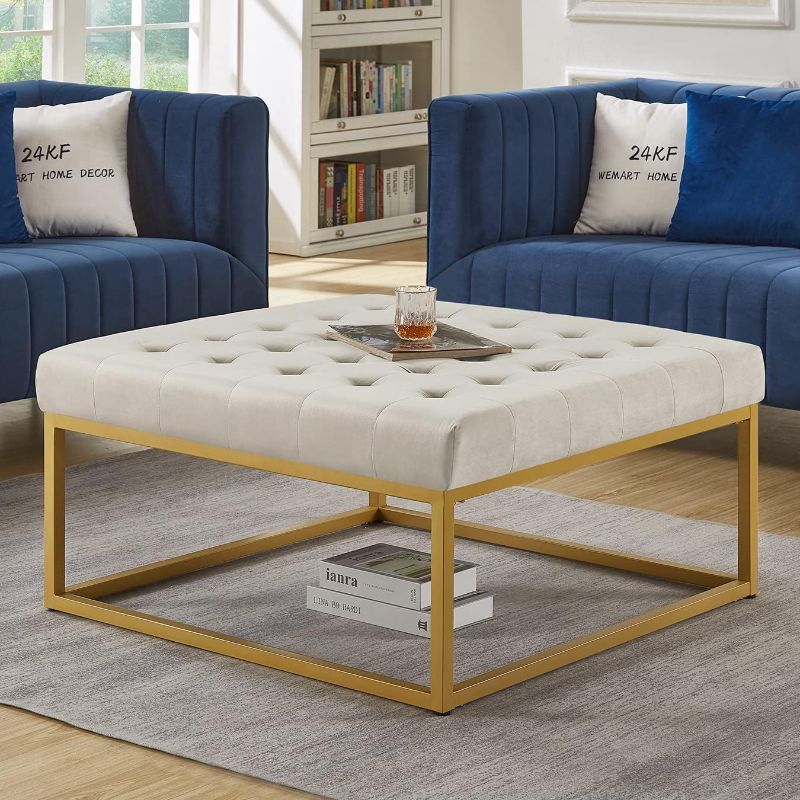 Photo 1 of (READ FULL POST) 24KF Middle Century Upholstered Tufted Coffee Table with Velvet Padded Seat, Large Square Ottoman with Golden Metal Frame -Taupe
