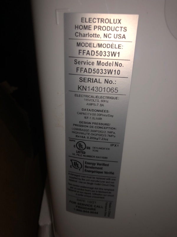 Photo 5 of **READ NOTES***Frigidaire FFAD5033W1 Dehumidifier, High Humidity 50 Pint Capacity with a Easy-to-Clean Washable Filter and Custom Humidity Control for maximized comfort, in White 50 PINT Dehumidifier