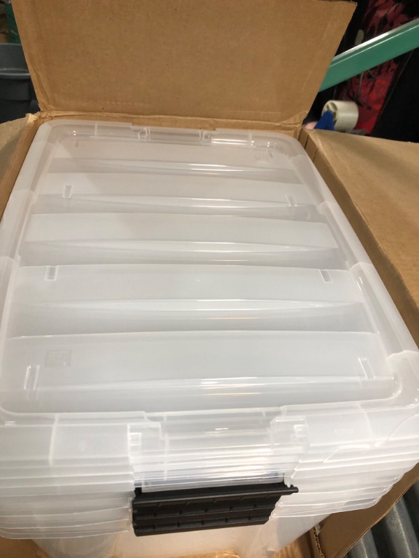 Photo 2 of **damaged**IRIS USA 53 Qt. Plastic Storage Bin Container with Durable Lid and Secure Latching Buckles, 4-Pack, Sturdy Stackable and Nestable Organizer Tote  4 Pack Clear