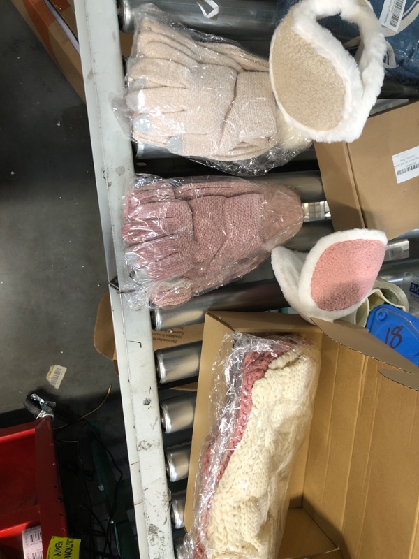 Photo 1 of womens winter hat, gloves, ear mittens and scarf pink, and beige