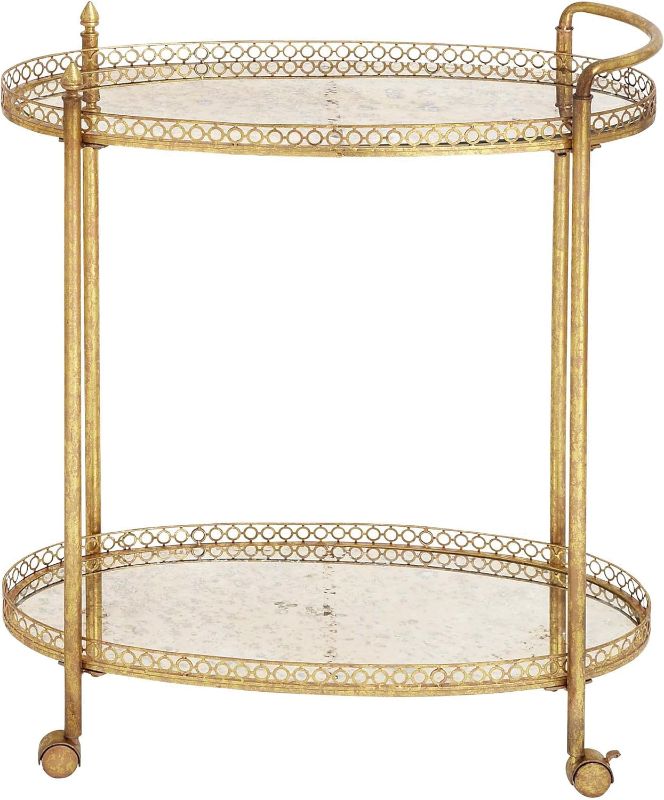 Photo 1 of (READ FULL POST) Deco 79 Metal Oval Bar Cart with Lockable Wheels, 30" x 16" x 35", Gold 30"W x 35"H