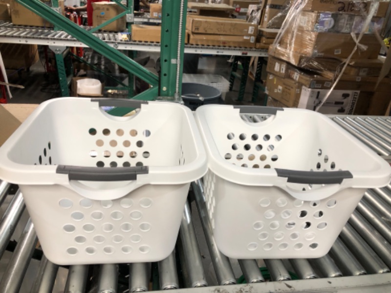 Photo 3 of **1 basket damaged** IRIS USA 32 Qt. Square Plastic Laundry Basket, 2-Pack, 18.2"L x 17.7"W x 12.9"H Hamper Organizer for the Closet, Dorm, Laundry Room and Bedroom with Easy Lift Comfort Carry Handles, White Medium -2 Pack White