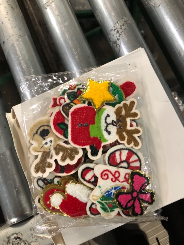 Photo 1 of 28 Pcs Christmas Iron on Patches Embroidered Sew Applique Repair Patch Glitters Chenille Patches Snowflakes, Santa Claus, Elk, Socks, Snowman for Christmas Clothing Hat Repair Decor DIY