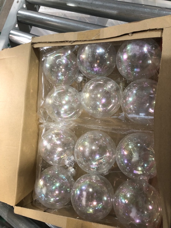 Photo 3 of 12 Pcs 4'' Iridescent Ball Christmas Ornament Christmas Plastic Baubles Clear Iridescent Fillable Ornaments