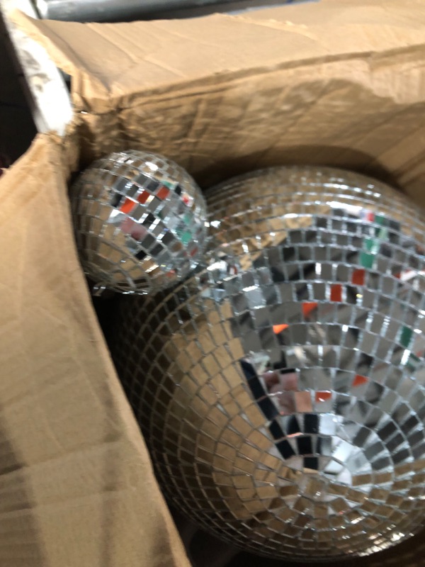 Photo 3 of **Missing item***4 pack Large Disco Ball Silver Hanging Disco Balls Reflective Mirror Ball Ornament for Party Holiday Wedding Dance and Music Festivals Decor Club Stage Props DJ Decoration (12 Inch, 3 Inch)