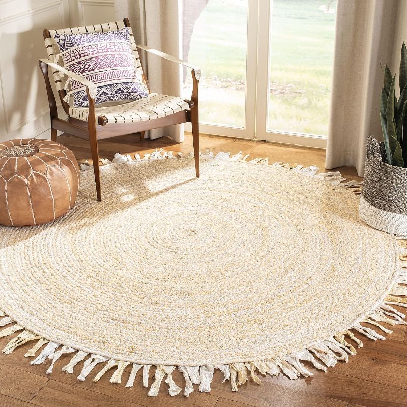 Photo 1 of  Braided Collection Area Rug - 4' Round, Beige, Handmade Boho Fringe Reversible Cotton, Ideal for High Traffic Areas
