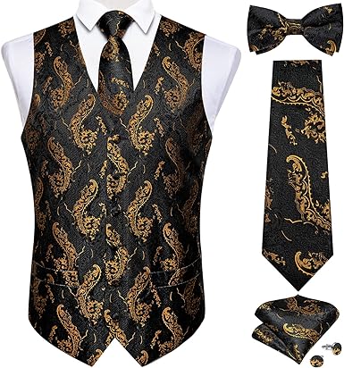 Photo 1 of DiBanGu Suit Vest for Men, 5 PCS Wedding Paisley Vest Tie and Bow Tie Pocket Square Cufflinks large