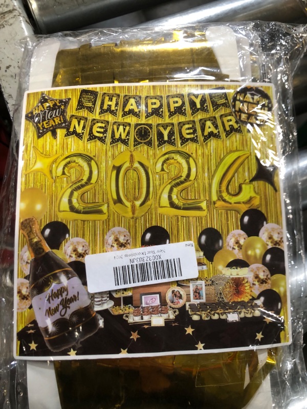 Photo 2 of IDAODAN New Years Decorations 2024 Kit, New Years Eve Party Supplies 2024 with Happy New Year Banner, 2024 Balloons, Fringe Curtains, Champagne Balloon for New Year Eve Decorations