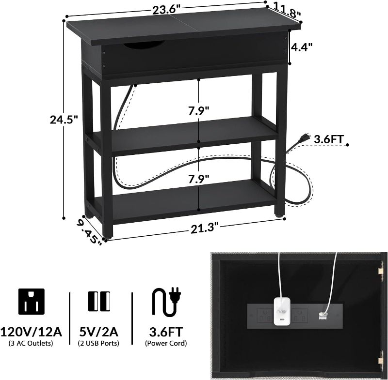 Photo 5 of (READ FULL POST) Aheaplus Sofa Side Table with USB Ports and Outlets, Narrow End Table Set of 2 with Charging Station, Bedside Nightstand with Storage Shelves, Slim Side Table for Small Space, Living Room, Metal Frame Black End Table Set