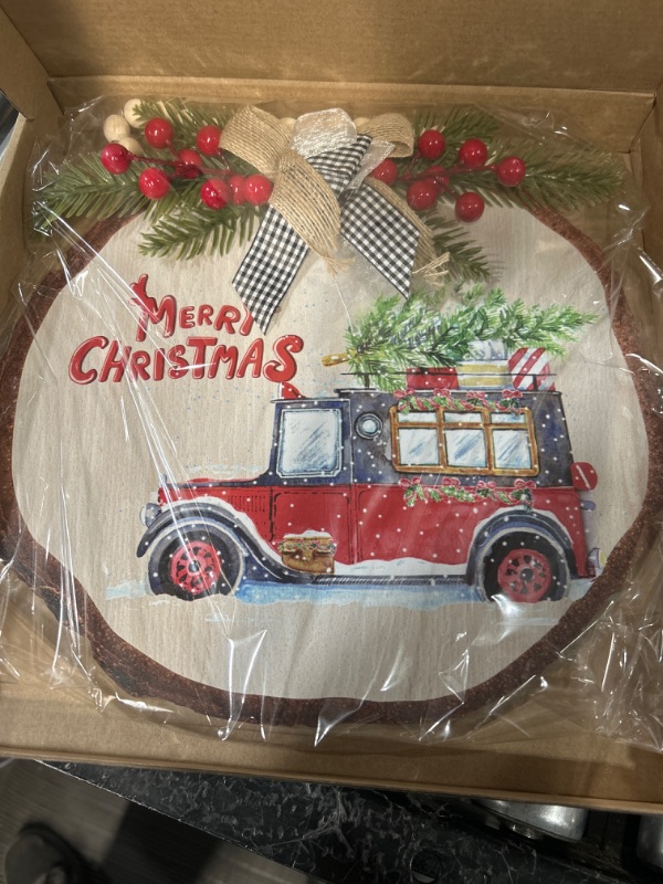 Photo 2 of **STOCK IMAGE IS A REFERENCE ONLY**  Merry Christmas Wooden Hanging Sign Wreath, (Car)