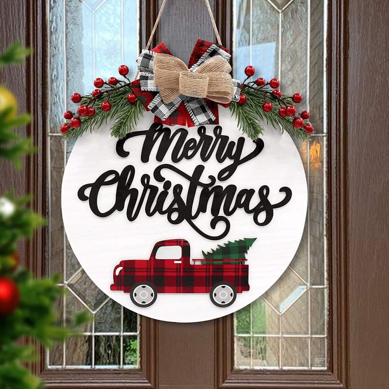 Photo 1 of **STOCK IMAGE IS A REFERENCE ONLY**  Merry Christmas Wooden Hanging Sign Wreath, (Car)