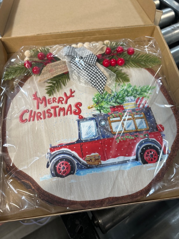 Photo 2 of **STOCK IMAGE IS A REFERENCE ONLY** Merry Christmas Wooden Hanging Sign Wreath, (Car)