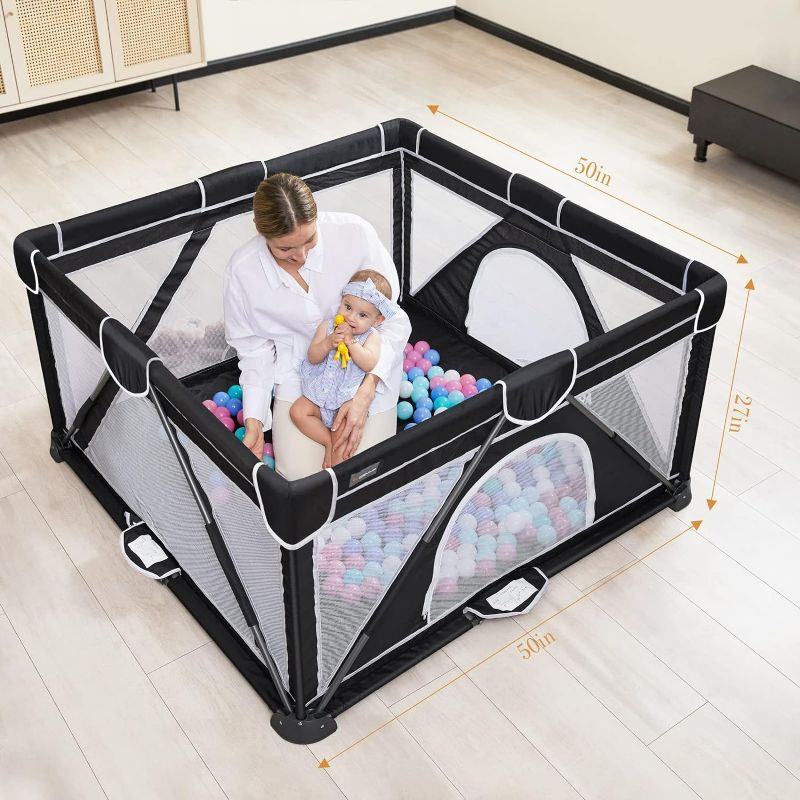 Photo 1 of ANGELBLISS Baby Playpen, Foldable Playpen  Visible Breathable Mesh, Portable Play Yard with 2 Handlers+50 Balls-59”×71”?Black?