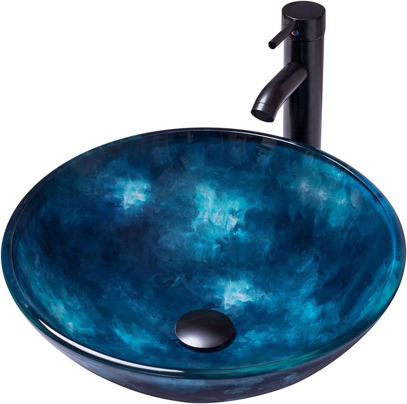 Photo 1 of (STOCK PHOTO ITEM SIMILAR)  Bathroom Round Glass Vessel Sink Basin with Faucet Pop-Up Drain (Blue)