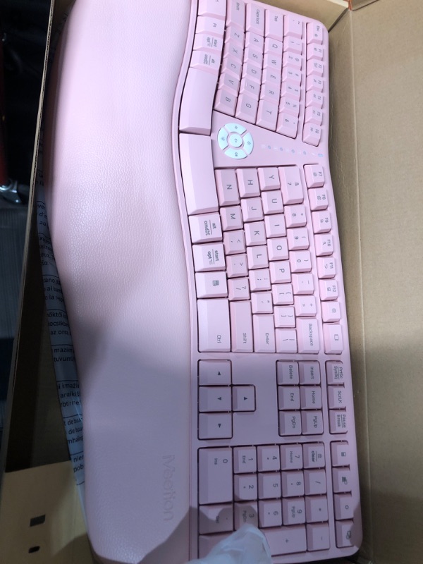 Photo 2 of MEETION Ergonomic Keyboard, Split Wireless Keyboard with Cushioned Wrist, Pink