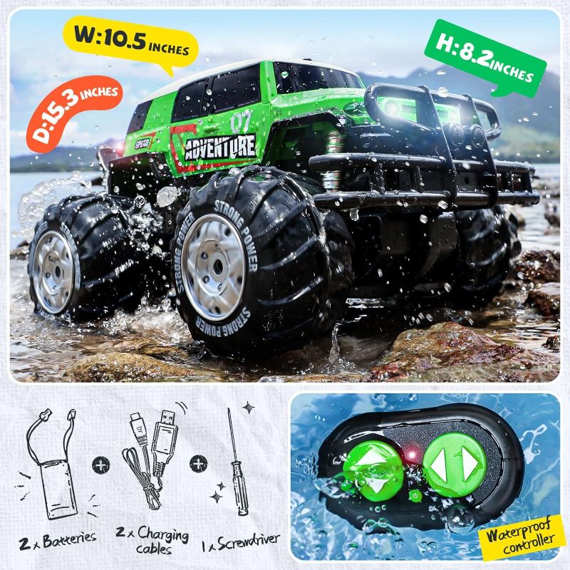 Photo 6 of (READ FULL POST) Ruko 1601AMP2 Amphibious Remote Control Cars, 1:10 Scale All Terrains 4WD RC Car, (Green)  IPX6 Waterproof Monster Truck with Lights, 2 Rechargeable Batteries for 50min Play, Gifts for Kids