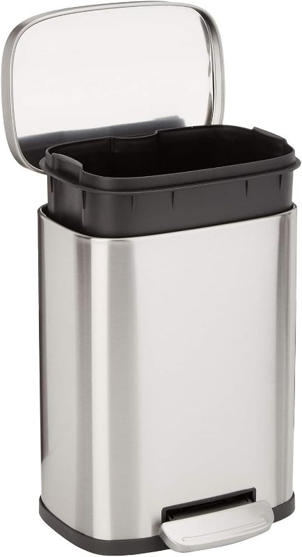 Photo 1 of **MINOR DAMAGE SIDE OF GARBAGE MUST SEE IN LIVE PHOTOS** Amazon Basics Smudge Resistant Small Rectangular Trash Can With Soft-Close Foot Pedal, Brushed Stainless Steel, 5 L /1.32 Gallon, Satin Nickel Finish, 7.3 x 8.5 x 11.8 inches (LxWxH)