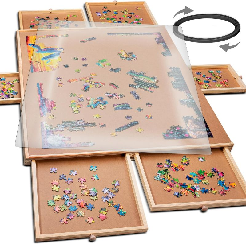 Photo 1 of 1500 Piece Rotating Wooden Jigsaw Puzzle Table - 6 Drawers, Puzzle Board with Puzzle Cover | 27” X 35” Jigsaw Puzzle Board Portable - Portable Puzzle Table