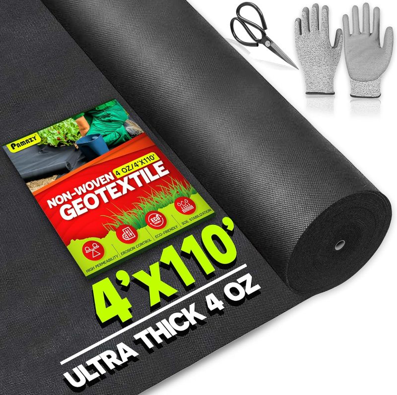 Photo 1 of [Premium] Non Woven 4oz 4ftx110ft Geotextile Fabric (Gloves & Scissors Included), Heavy Duty Drainage Fabric for French Drain, Landscaping, Driveway, Weed Control, Construction, Underlayment
