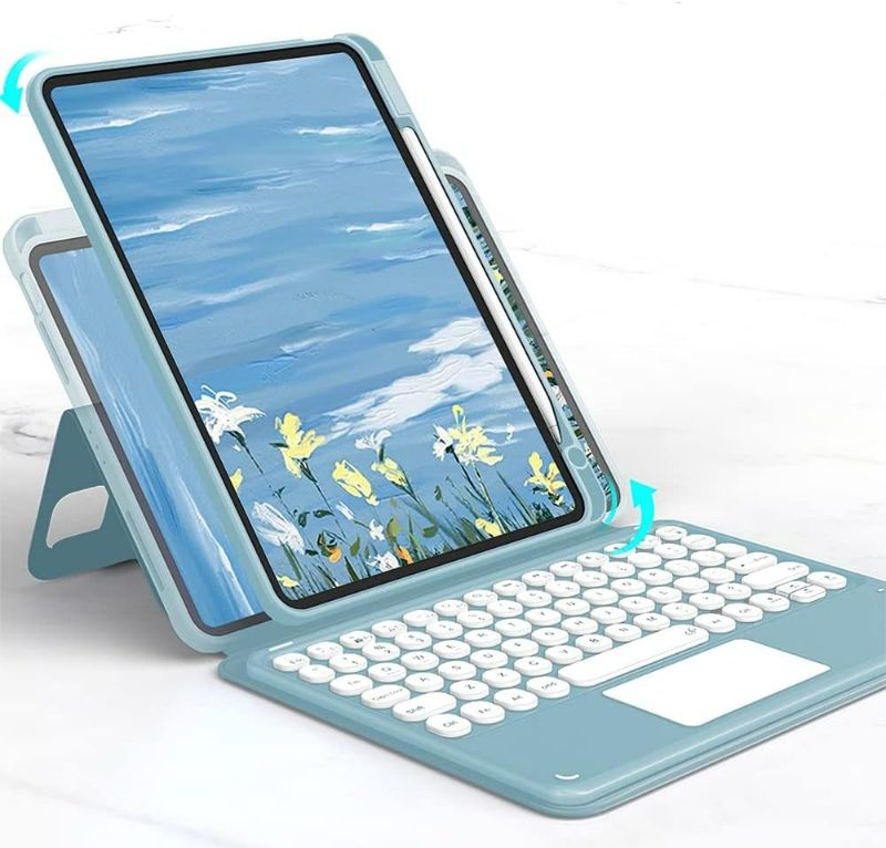 Photo 1 of HENGHUI Magnetic iPad Pro 12.9 inch 2022 6th 5th 4th 3rd Generation Keyboard Case with Touchpad Cute Color Keyboard Vertical Stand Movable Clear Case Detachable Keyboard (MistyBlue