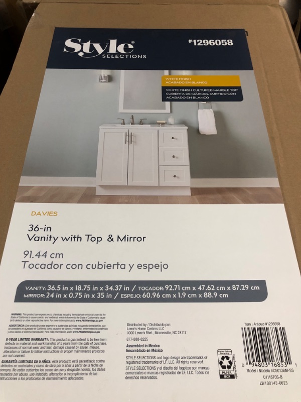 Photo 7 of **MIRROR AND COUNTER TOP MISSING**
Style Selections Davies 36-in White Single Sink Bathroom Vanity with White Cultured Marble Top (Mirror Included)
