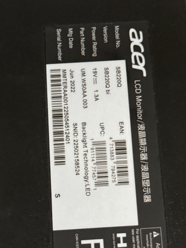 Photo 5 of **MISSING POWER CORD***
Acer SB220Q Bi 21.5 Inches Full HD (1920 X 1080) IPS Ultra-Thin Zero Frame Monitor