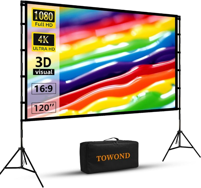 Photo 1 of 
Projector Screen and Stand, Towond 120 inch Portable Projector Screen Indoor Outdoor Projector Screen 16:9 4K HD Wrinkle-Free Lightweight Movie Screen