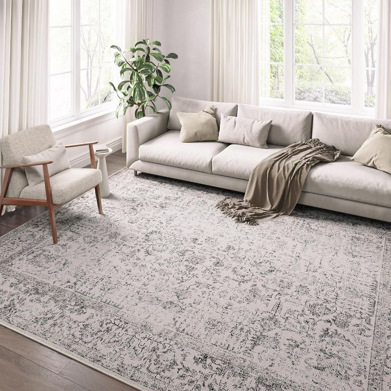 Photo 1 of (NON-REFUNDABLE) PureCozy Grey Area Rug 9x12 Indoor Vintage Living Room Carpet Washable Distressed Rug Gray Floral Bedroom Rug Retro Accent Throw Rug for Office Dining Room Nursery
