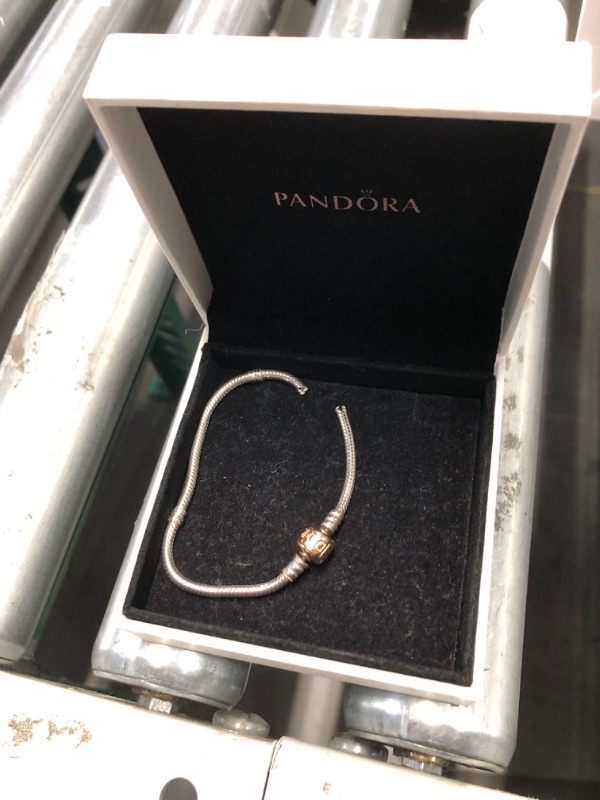 Photo 3 of Pandora Logo Barrel Clasp Snake Chain Bracelet - Two-Tone Charm Bracelet for Women - Compatible Moments Charms - Sterling Silver Gold 