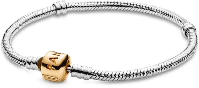 Photo 1 of Pandora Logo Barrel Clasp Snake Chain Bracelet - Two-Tone Charm Bracelet for Women - Compatible Moments Charms - Sterling Silver Gold 