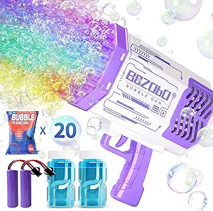 Photo 1 of Bazooka Bubble Gun, Bubble Machine with 2 Batteries, LED Lights, 69 Holes Bubble Machine Gun for Kids Ages 3 4 5 6 7 8 Boy Girl Birthday Party Favors Toddler Outdoor Toys - Bubble Blower Purple Purple Bubble Gun