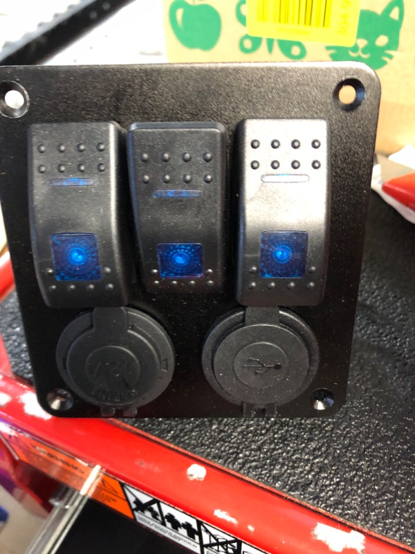 Photo 1 of BUNKER INDUST 3 Gang Rocker Switch Aluminum Panel with Dual USB Port Charger Socket & Cigarette Lighter Socket Blue LED Light Waterproof On Off Toggle Switch for 12V/24V DC Marine Boat Truck Car ATVs