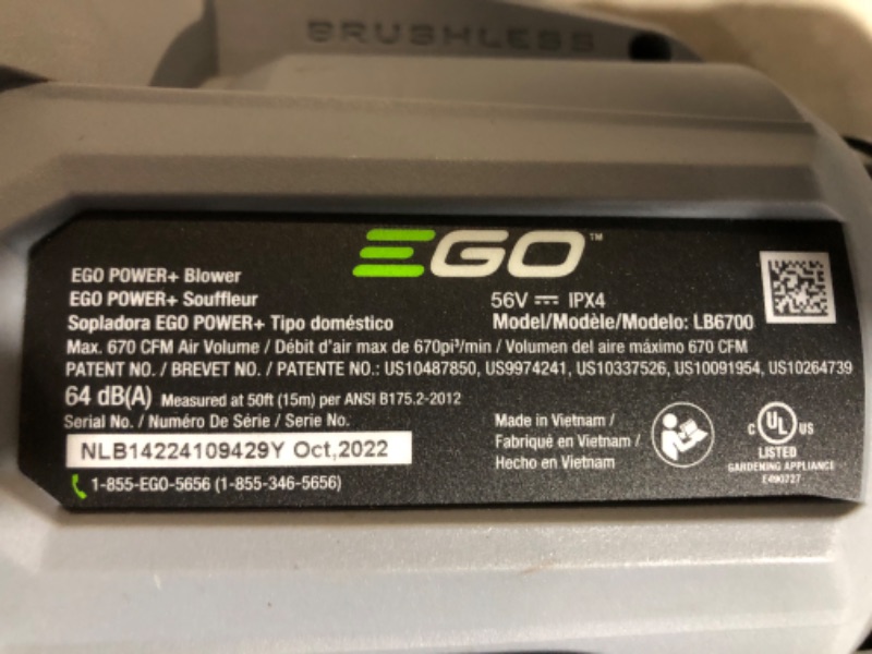 Photo 9 of **FOR PARTS ONLY**NON-FUNCTIONAL**
EGO Power+ LB6703 670 CFM 180 MPH 56V Lithium-Ion Cordless Electric Variable-Speed Blower Kit BLACK/GREEN