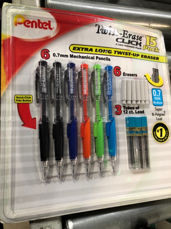 Photo 2 of Pentel Twist-Erase Click Mechanical Pencil Set - 6 Mechanical Pencils, 6 Extra Erasers, 3 Tubes of Lead Refills