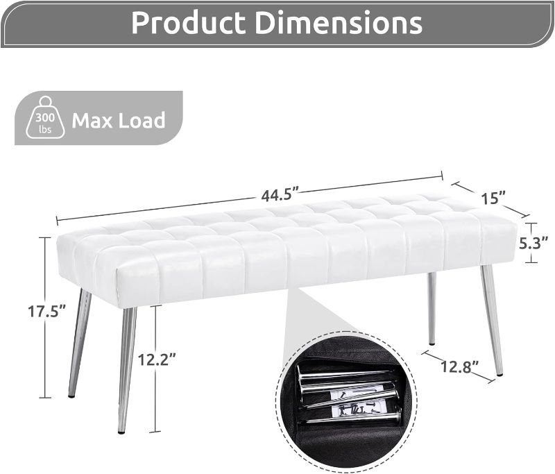 Photo 4 of (READ FULL POST) APICIZON End of Bed Bench, White Indoor Entryway Bench with Metal Legs, Modern Faux Leather Cushioned Ottoman Bench for Living Room, Bedroom, Dining Room, Hallway- 44.5" L x 15" W x 17.5" H