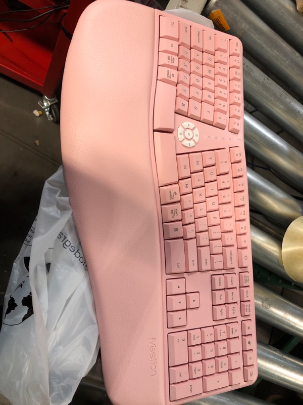 Photo 2 of MEETION Ergonomic Keyboard, Split Wireless Keyboard with Cushioned Wrist, Palm Rest, Curved, Natural Typing Full Size Rechargeable Keyboard with USB-C Adapter for PC/Computer/Laptop/Windows/Mac, Pink