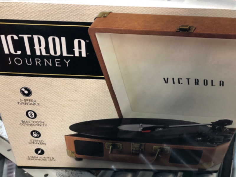 Photo 2 of Victrola Vintage 3-Speed Bluetooth Portable Suitcase Record Player with Built-in Speakers | Upgraded Turntable Audio Sound| Includes Extra Stylus | Brown Brown Record Player