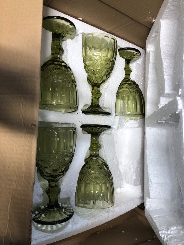 Photo 2 of **ONLY 5** Vintage Wine Glasses Set of 6, 10 Ounces Colored Glass Water Goblets, Unique Embossed Pattern High Clear  Floral Green