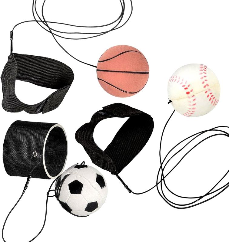 Photo 1 of  **STOCK PHOTO FOR REF - COLORS MAY VARY**
2.25 Inch Sports Wrist Balls - Set of 3 - Includes Basketball, Baseball, and Soccer Ball Wristband Toys